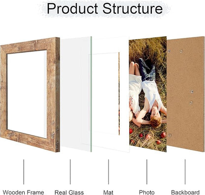 iRahmen 6x8 Picture Frame with Mat 4x6 - High Definition Real Glass Wooden Photo Frames for Tabletop Display and Wall Mounting (Rustic Brown, Set of 2)