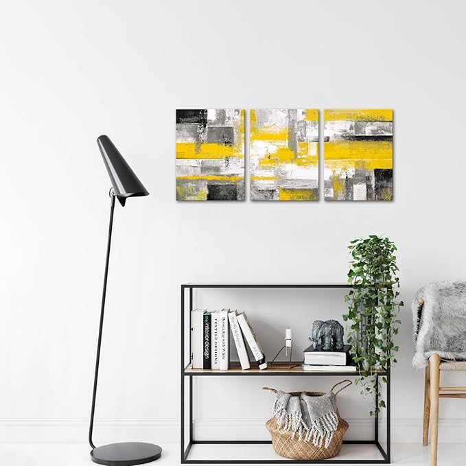 KREATIVE ARTS 3 Pieces Abstract Canvas Poster Prints Contemporary Creative Yellow Grey Picture Wall Art Framed Artwork Ready to Hang Living Room Bedroom Each Panel 12x16 Inches