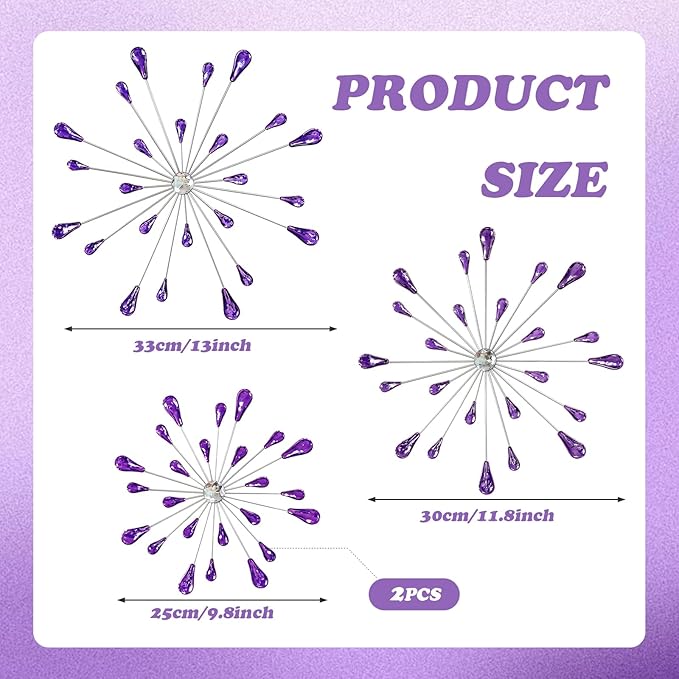 ZEXUIRU 4 Pcs Purple Starburst Wall Decor Metal Bling Wall Art Crystal Accents 3D Modern Decoration Glam Hanging Sculptures for Living Room Bedroom Office Teen Girl Room – Easy to Hang Home Decor Set
