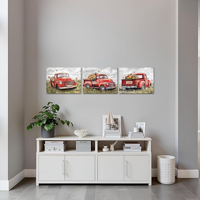 sechars Truck Wall Art Canvas Vintage Farmhouse Decor Faith Hope Love Floral Painting Prints (Red)