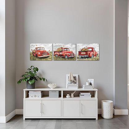 sechars Truck Wall Art Canvas Vintage Farmhouse Decor Faith Hope Love Floral Painting Prints (Red)