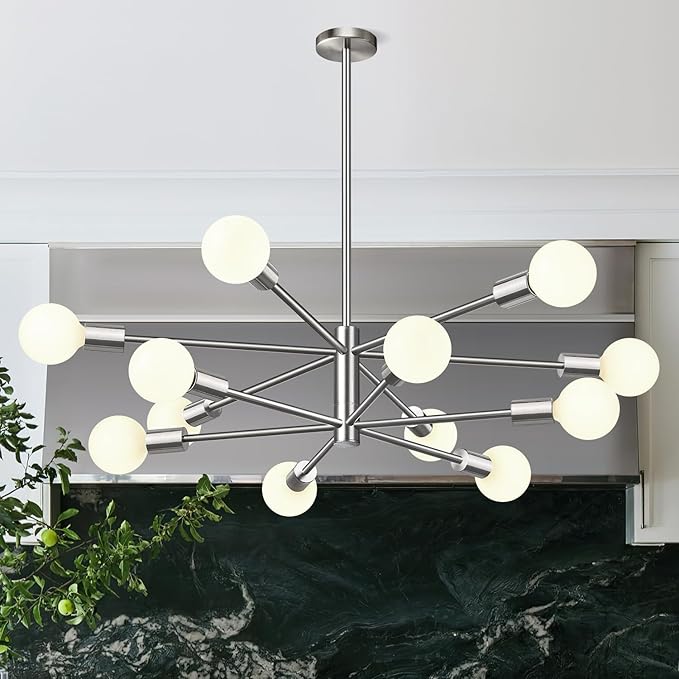 10.9"-52.3" Height Adjustable Modern Chandelier Ceiling Light Fixture, 12-Light Sputnik Chandeliers Brushed Nickel Mid Century Chandelier Over Table, Chandeliers for Dining Room (Bulbs Not Included)