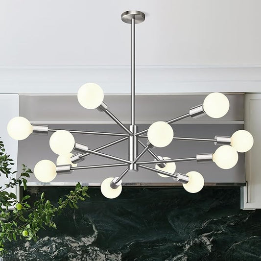 10.9"-52.3" Height Adjustable Modern Chandelier Ceiling Light Fixture, 12-Light Sputnik Chandeliers Brushed Nickel Mid Century Chandelier Over Table, Chandeliers for Dining Room (Bulbs Not Included)