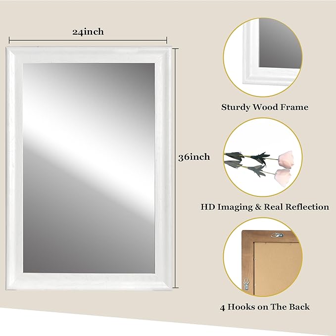 White Wood Mirror for Bathroom,Rectangle Rustic 24 x 36 inch Vanity Mirror for Wall,Wooden Wall-Mounted Hanging Mirror for Entryway,Bedroom or Living Room