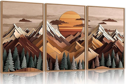 KAIRNE Woodcut Style Mountain Framed Canvas Wall Art Set,Wooden Pine Tree Wall Decor,Vintage Forest Landscape Art Prints,Nature Sunrise Artwork for Living Room,Bedroom,Farmhouse,Office-24 x36 x3
