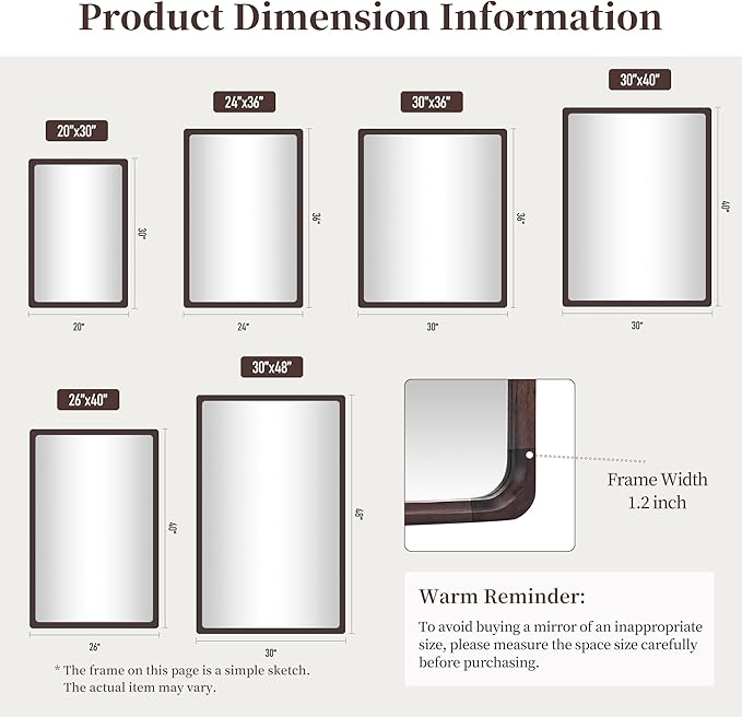 Tanmicoshomy Wood Bathroom Mirror 30 x 36 Inch, Solid Wood Framed Rectangle Mirrors with Tempered Glass for Living Room Bedroom or Entryway(Dark Brown)