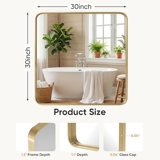 NEWBULIG 30"x30" Gold Wall Mirror, Bathroom Mirrors for Over Sink, Matte Metal Framed Vanity Mirror with Tempered Glass, Entryway, Living Room, Bedroom