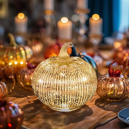 Mercury Glass Light Up Pumpkin with Timer, Fall Decoration for Home, Silver Halloween Festive Decor Lamp