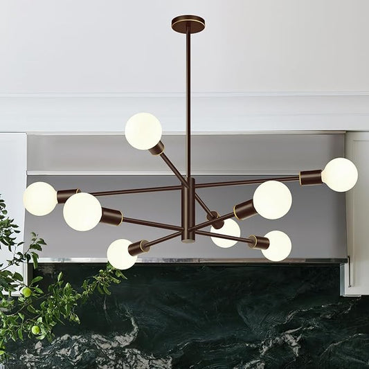 10.9"-52.3" Height Adjustable Modern Chandelier Ceiling Light Fixture, 8-Light Sputnik Chandeliers Brown and Gold Mid Century Chandelier Over Table, Chandeliers for Dining Room (Bulbs Not Included)