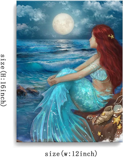 SDYA Girl Wall Decorations Blue Ocean Wall Art Bedroom Decor for Women Moon Night Wall Painting Shell Canvas Prints Size 12"x 16"