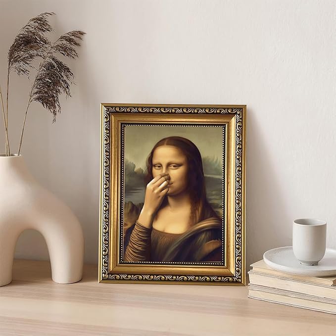WZGZXU Vintage Gold Framed Wall Art Monalisa Holding Her Nose Wall Decor Monalisa Bathroom Canvas Art Funny Toilet Pictures Humor Imitation Paintings Ptints For Toilets Bathroom