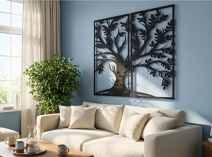 VAILLA Tree of Life Wood Wall Art Decor Set of 2 Wall Hanging Sculpture Modern Wall Home Decoration 3D Textured Sculptures for Living Room Bedroom Office Dinnig Room 2 Panels Family Tree Wall Hangings