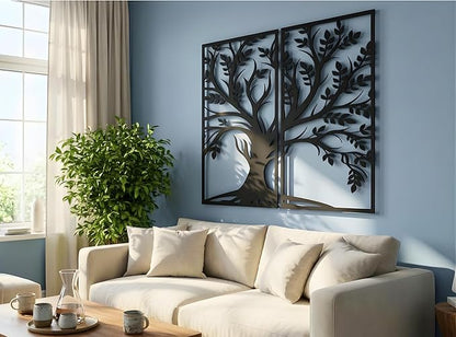 VAILLA Tree of Life Wood Wall Art Decor Set of 2 Wall Hanging Sculpture Modern Wall Home Decoration 3D Textured Sculptures for Living Room Bedroom Office Dinnig Room 2 Panels Family Tree Wall Hangings