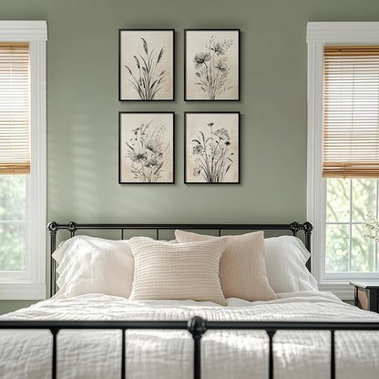 Framed Boho Vintage Botanical Wall Art, 4 Piece Black and White Floral Canvas Prints for Modern Farmhouse Bathroom, Natural Rustic Flower Artwork for Bedroom Kitchen Hallway Wall Decor, 11x14