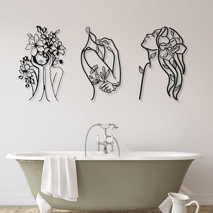 Photect 3 Pcs Metal Wall Art Decor Minimalist Abstract Woman Wall Art Metal Modern Line Drawing Decor Female Single Line Home Hanging for Bedroom Bathroom Living Room Housewarming(Stylish,Black)