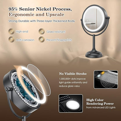 VESAUR Professional 8.5" Lighted Makeup Mirror, 1X/10X Double Sided HD Undistorted Magnifying Mirror with 3 Color 90 Dimmable LED lights, 360° Rotation Vanity Mirror, Unique Black Nickel with Gift Box