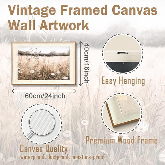 ASTRDECOR Framed Nature Wall Art Prints, Vintage Wildflower Field Landscape Canvas Wall Art Bedroom, Autumn Oil Painting Botanical Artwork, Plant Pictures Farmhouse Wall Decor Living Room - 16''x24''