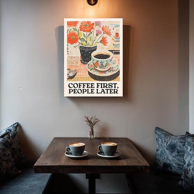 GELDSTEI Framed Retro Coffee Wall Art, Vintage Cafe Wall Decor, Coffee First People Later Canvas Painting, Classical Cafe Bar Poster Print for Kitchen Dining Room Home Office Ready to Hang 12x16 Inch