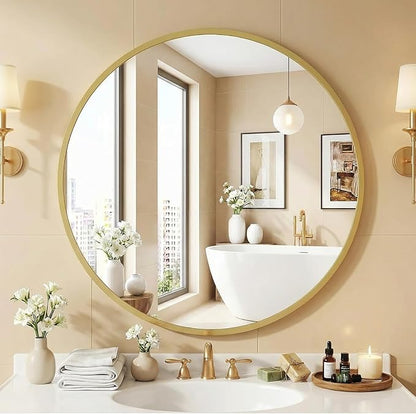 NEWBULIG 28 Inch Round Wall Mirror, Bathroom Mirror for Over Sink, Matte Metal Framed Circle Vanity Mirror, Wall Decor for Bedroom, Entryway, Anti-Rust, Tempered Glass, Hanging or Leaning, Gold