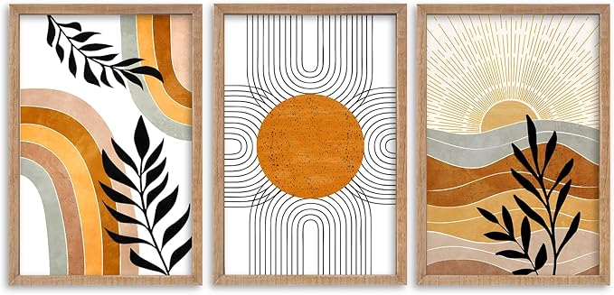 SRSZHIYUE Boho Art Wall Decor Wooden Framed 24x16 Inch Set of 3 Geometric Sun Desert Plant Wall Art for Bedroom Living room Hanging (Wood)