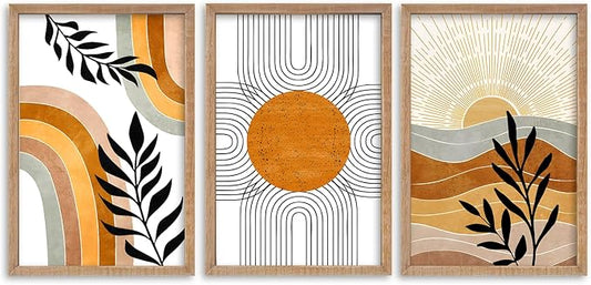 SRSZHIYUE Boho Art Wall Decor Wooden Framed 24x16 Inch Set of 3 Geometric Sun Desert Plant Wall Art for Bedroom Living room Hanging (Wood)