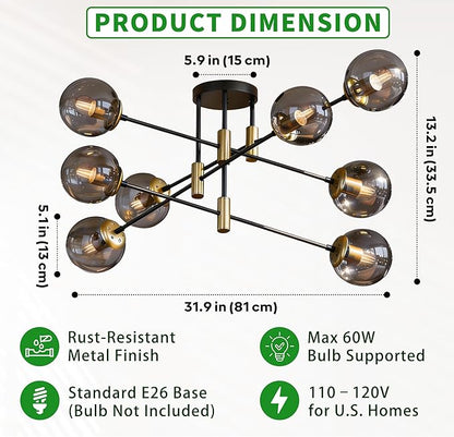 8-Light Sputnik Chandelier Modern Matte Black and Gold Ceiling Light, Glass Globe Hanging Light Fixture for Dining Room, Kitchen Island, Bedroom, Living Room