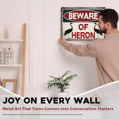 Heron Vintage Sign Warning Beware of Heron Metal Tin Sign for Men Home Decor tin Art Decor 12x16inch