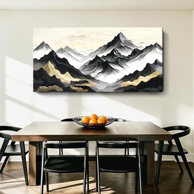 Oversized Black White And Gold Modern Abstract Landscape Wall Art For The Living Room; Canvas Print Of Natural Mountain; A Casual And Elegant Artwork Suitable For Bedrooms, Dining Rooms, Offices, And Galleries. 58X29 Inch