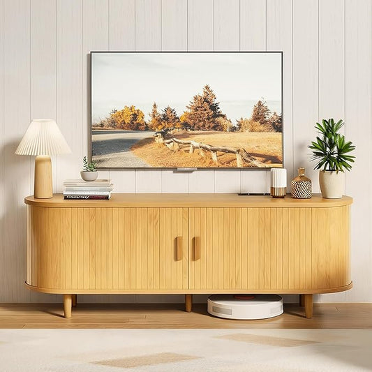 58" Mid Century Modern TV Stand, Wood TV Consoles with Sliding Doors and Power Outlet, Entertainment Center with Adjustable Shelves, Fluted TV Stands for Living Room, Oak