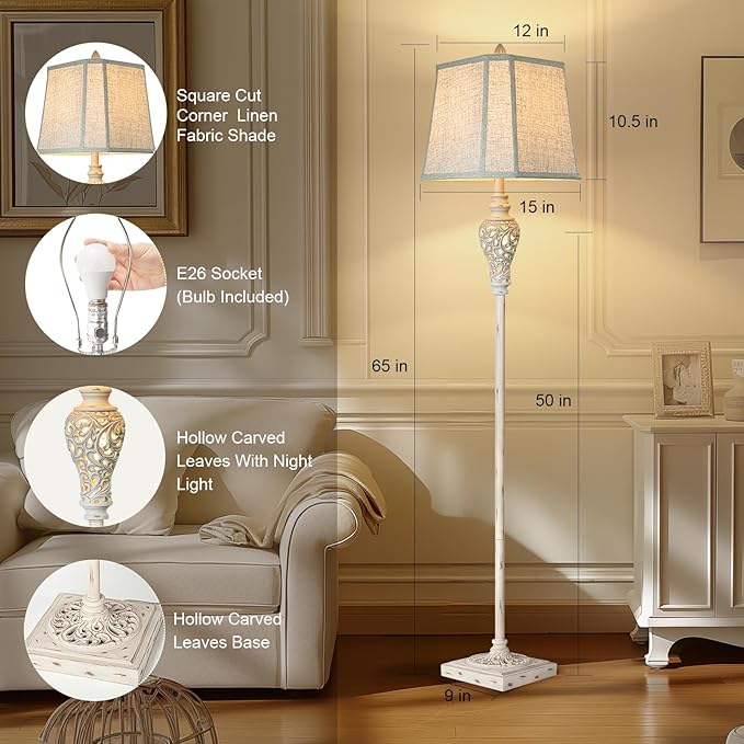 LuxSight Collection Rustic Floor Lamp 65'' Tall with Nightlight Cut Corner Linen Fabric Shade Vintage Standing Lamp for Living Room, Bedroom, Office, House (Bulb Included)