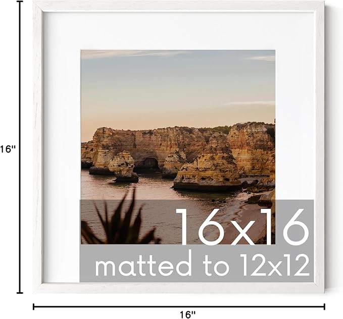 HAUS AND HUES White Oak Wood 16x16 Picture Frame - Square Frame Matted to 12x12, Elegant White Frame for Wall Decor and Artwork (16x16 in, White, Set of 1)