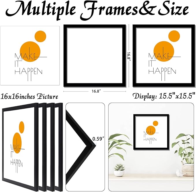 16x16 Picture Frame Set of 4, Black 16 x 16 Frame High Transparent Wall Gallery Poster Canvas Photo Frames for 16by16 inches