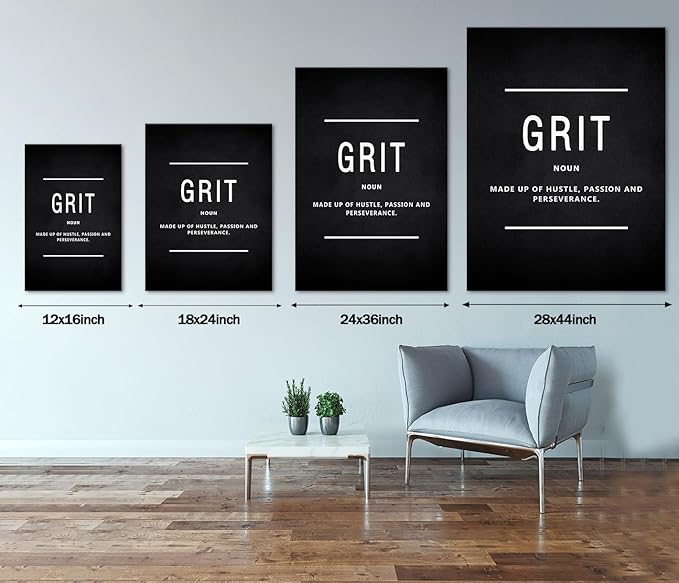 Office Wall Art Inspirational Motivational Posters Prints on Canvas Grit Noun Inspiring Entrepreneur Quotes Pictures Prints Wooden Artwork Home Decor for Living Room Framed Ready to Hang-12”Wx16”H
