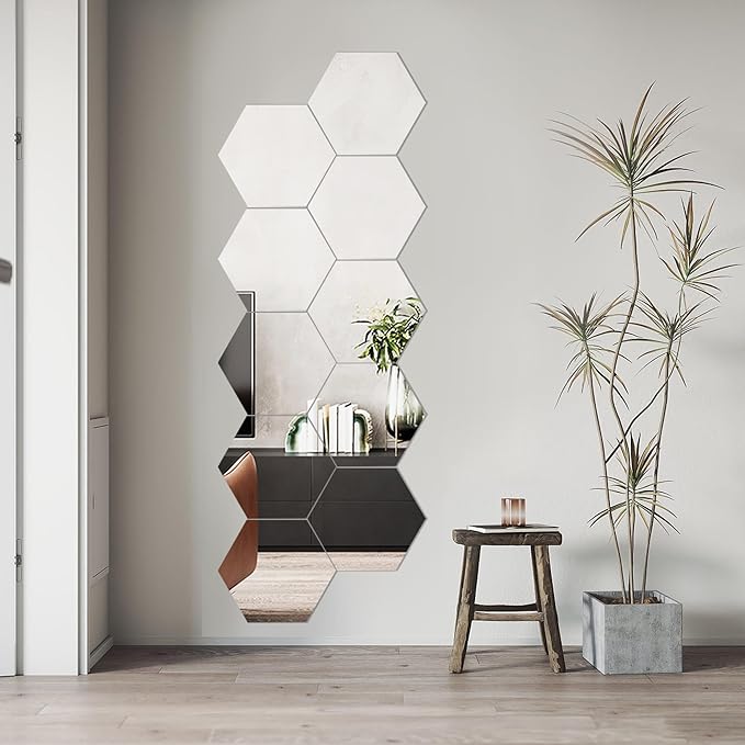 LXCREAT Hexagon Self Adhesive Stick on Mirror for Wall, Small Unbreakable Acrylic Mirrors Tiles 11.8x11.8 Inch 4PCS, Flexible Full Length Peel and Stick Mirror for Bathroom Gym Home Door Decor