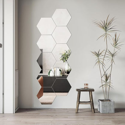 LXCREAT Hexagon Self Adhesive Stick on Mirror for Wall, Small Unbreakable Acrylic Mirrors Tiles 11.8x11.8 Inch 4PCS, Flexible Full Length Peel and Stick Mirror for Bathroom Gym Home Door Decor