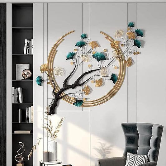 Futyli Large Metal Art Wall Decor - 3D Ginkgo Leaf Wall Art, 36.6" Vertical, Unique Gold for Bedroom & Dining Room Decoration