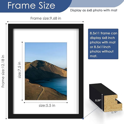 PEALSN 8.5 x 11 Picture Frame Set of 6, Display Pictures 6x8 with Mat or 8.5 x 11 without Mat for Wall Mounting Display, Photo Frames Collage for Wall Decor, Black.