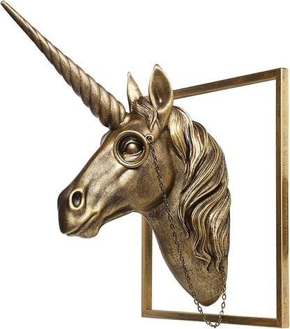 JJALIGHTS Exquisite Resin Animal Head Wall Sculpture (Gift Metal Frame) - Imitation Copper Vintage Decor for Living Room, Bedroom & Office | Decorative Wall Hanging Art (Unicorn)