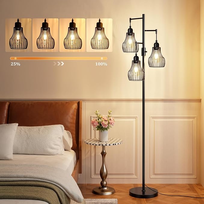 Ziisee Dimmable Floor Lamp, 3 x 800LM LED Edison Bulbs Included, Farmhouse Industrial Floor Lamp Standing Tree Lamp with Elegant Cage Tall Lamps for Living Room Bedroom Office - Black