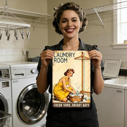 50s laundry Day Poster Metal Tin Sign Fresh Suds Bright Days Vintage Sign Utility Room Decor Retro Laundry Room Wall Art 12x8 Inch