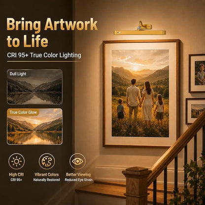 16" Gold Picture Light for Wall, Battery Operated Rechargeable Art Light with 6000mAh Battery, Motion Sensor, Remote, 3CCT Dimmable Cordless Painting Light for Artwork, Gallery, Hallway, 2 Pack