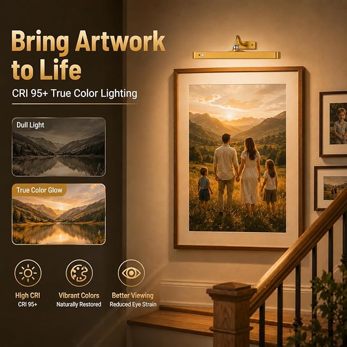 16" Gold Picture Light for Wall, Battery Operated Rechargeable Art Light with 6000mAh Battery, Motion Sensor, Remote, 3CCT Dimmable Cordless Painting Light for Artwork, Gallery, Hallway, 1 Pack