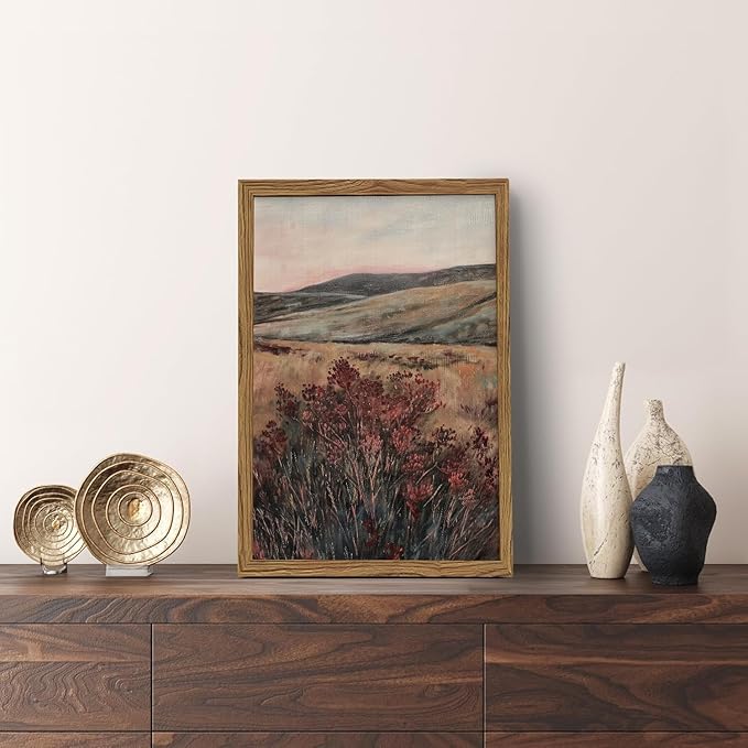 Moody Landscape Wall Art Vintage Wildflower Wall Decor Painting Cottagecore Nature Botanical Flower Picture Artwork 3D Textured Hand Drawn Sandstone for Living Room Bedroom 24x36 inch Wood Framed