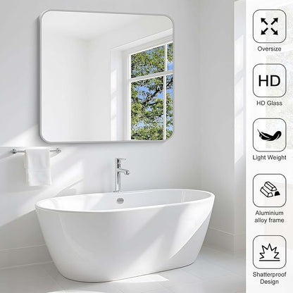 Silver Bathroom Mirror, 42 x 42 Inch Silver Square Mirror, Metal Framed Rectangular Vanity Mirror, Rounded Corner Wall Mounted Mirror for Living Room Bedroom Entryway Hangs Horizontal/Vertical
