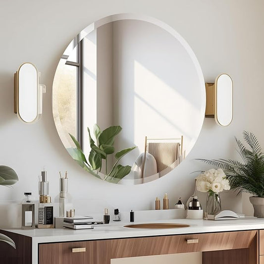 24 Inch Round Frameless Bathroom Mirror, Beveled Round Mirror, Circle Vanity Mirror with 1" Beveled Edge for Bathroom, Entryways, Living Room