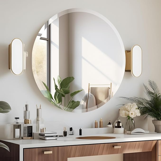 28 Inch Round Frameless Bathroom Mirror, Beveled Round Mirror, Circle Vanity Mirror with 1" Beveled Edge for Bathroom, Entryways, Living Room