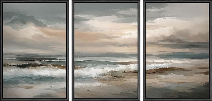 SIGNLEADER Framed Canvas Print Wall Art Set Soft Neutral Coastal Waves Muted Teal and Beige Ocean Illustrations Minimal Decorative Bohemian Nordic for Living Room, Bedroom, Office - 24"x36"x3 BLACK