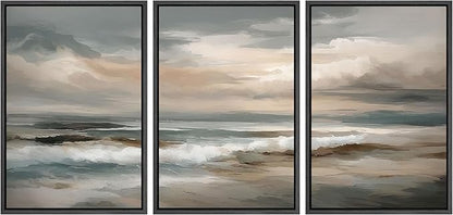 SIGNLEADER Framed Canvas Print Wall Art Set Soft Neutral Coastal Waves Muted Teal and Beige Ocean Illustrations Minimal Decorative Bohemian Nordic for Living Room, Bedroom, Office - 16"x24"x3 BLACK