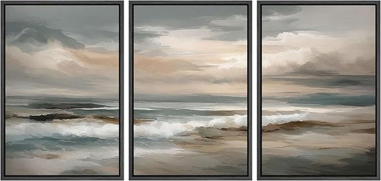 SIGNLEADER Framed Canvas Print Wall Art Set Soft Neutral Coastal Waves Muted Teal and Beige Ocean Illustrations Minimal Decorative Bohemian Nordic for Living Room, Bedroom, Office - 16"x24"x3 BLACK