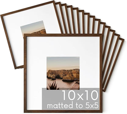 HAUS AND HUES Walnut Oak Wood 10x10 Picture Frames - Set of 15, Square Frames with Mat, Modern Frames for Posters and Prints (10x10 in, Walnut, Set of 15)
